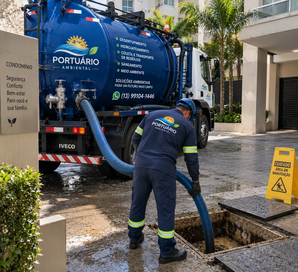 Caminhão auto vácuo e equipe atendendo condomínio