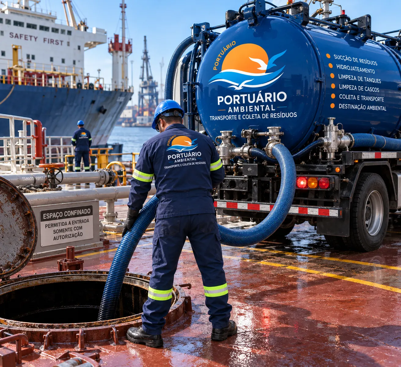 Equipe e caminhão auto vácuo em operação portuária