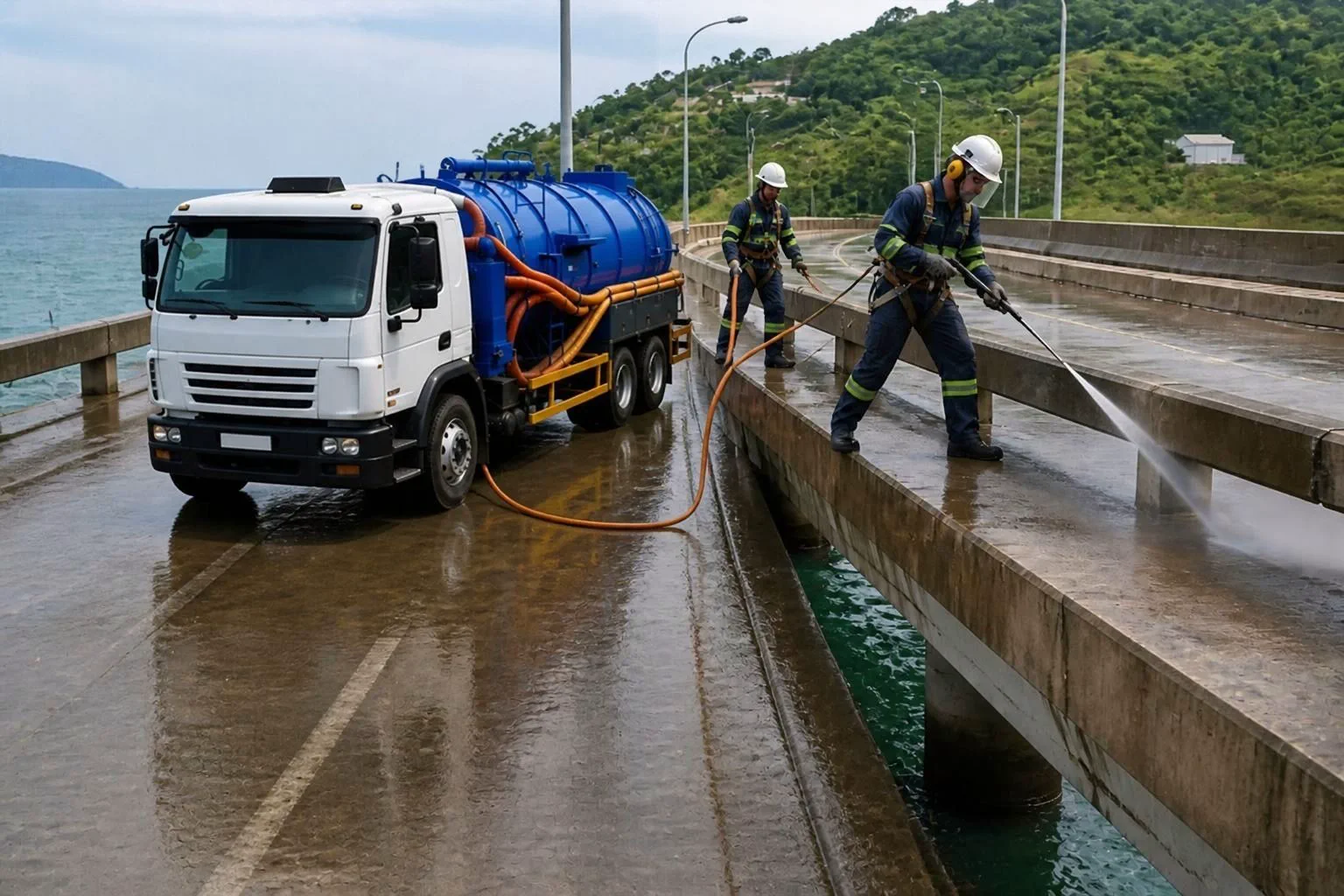Caminhão auto vácuo e equipe de hidrojateamento em operação